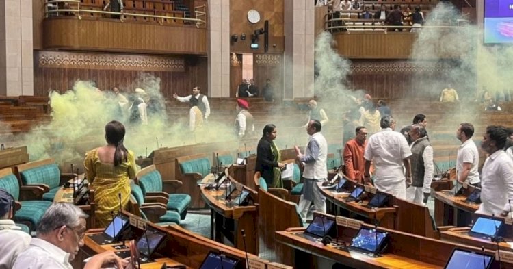 लोकसभा में दर्शक दीर्घा से कूदा युवक, दबोचने में जुटे सांसद, जूते से स्प्रे निकालकर फैला दिया धुआं