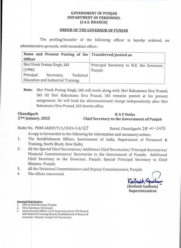 पंजाब के राज्यपाल को मिला नया प्रधान सचिव, देखें किसे मिली अहम जिम्मेदारी