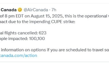 एयर कनाडा ने रद्द कीं 623 उड़ानें , जानें मुख्य कारण