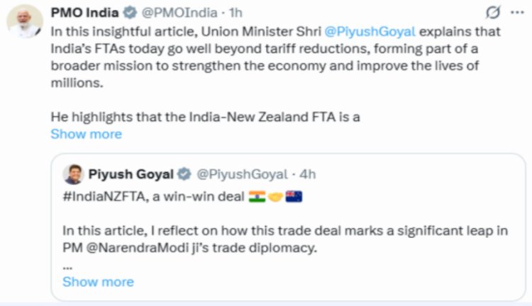 पीएम मोदी ने भारत-न्यूजीलैंड FTA को भारत का पहला महिलाओं के नेतृत्व वाला FTA बताया