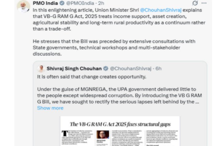 पीएम मोदी ने केंद्रीय मंत्री शिवराज चौहान द्वारा लिखे गए विकसित भारत-जी राम जी एक्ट पर लेख को किया शेयर